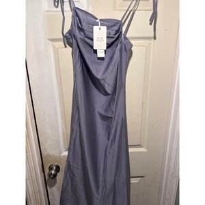 WIWALORNA Womens Purple Satin Slip Midi Dress Spaghetti Straps Slit Size S